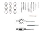 A tap and die set with various sizes of taps, dies, and handles for threading.