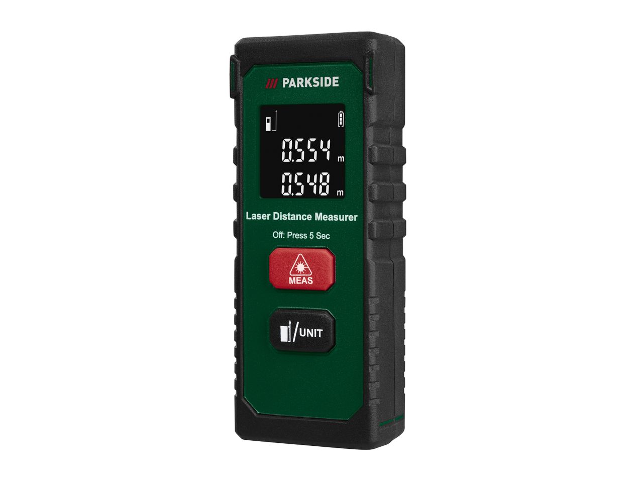 Parkside laser distance measurer displays measurements in meters.