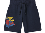 Kids' navy jersey shorts with a Spider-Man graphic and yellow text.