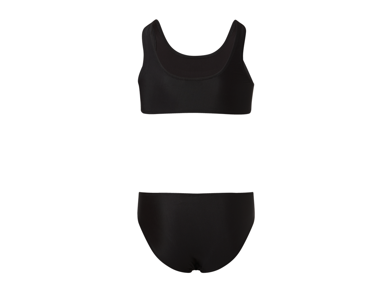 Costum de baie negru cu partea de sus fără bretele și slip.