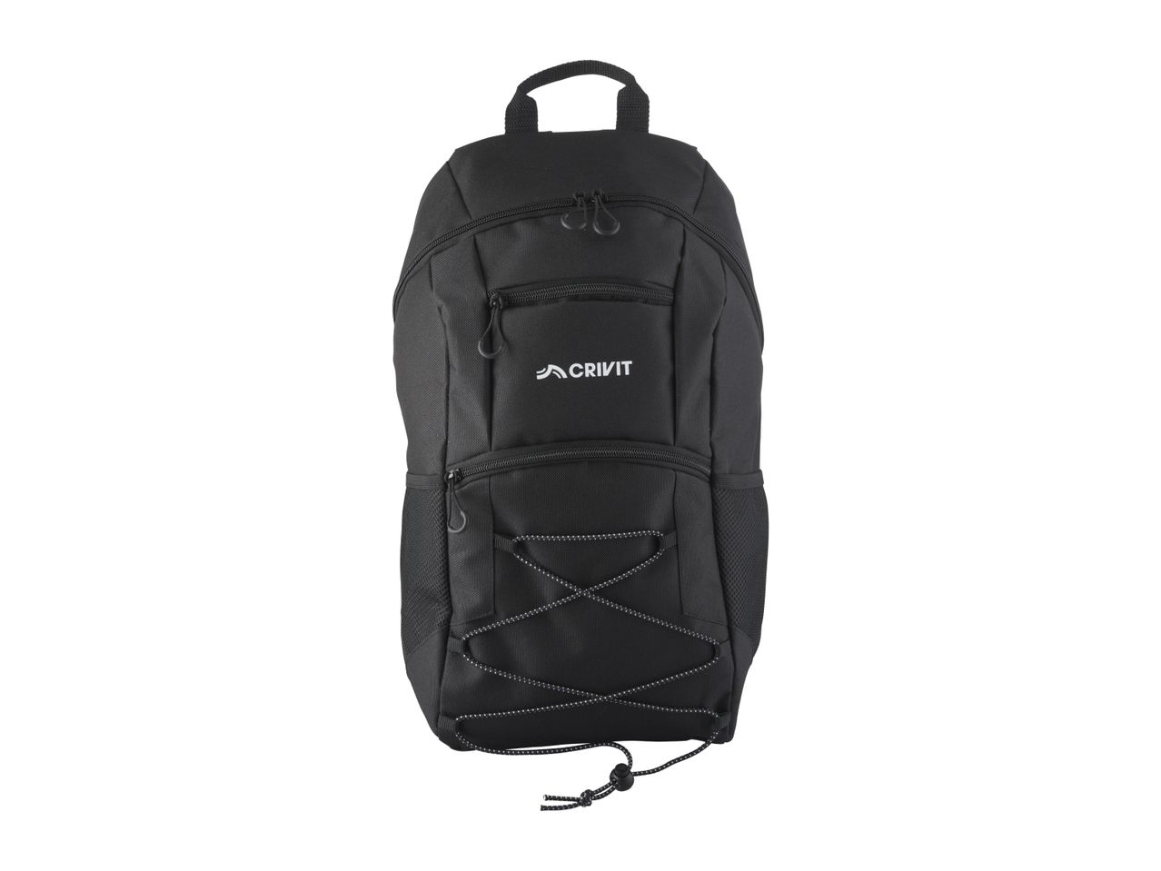 Black sports backpack with elastic cord on the front