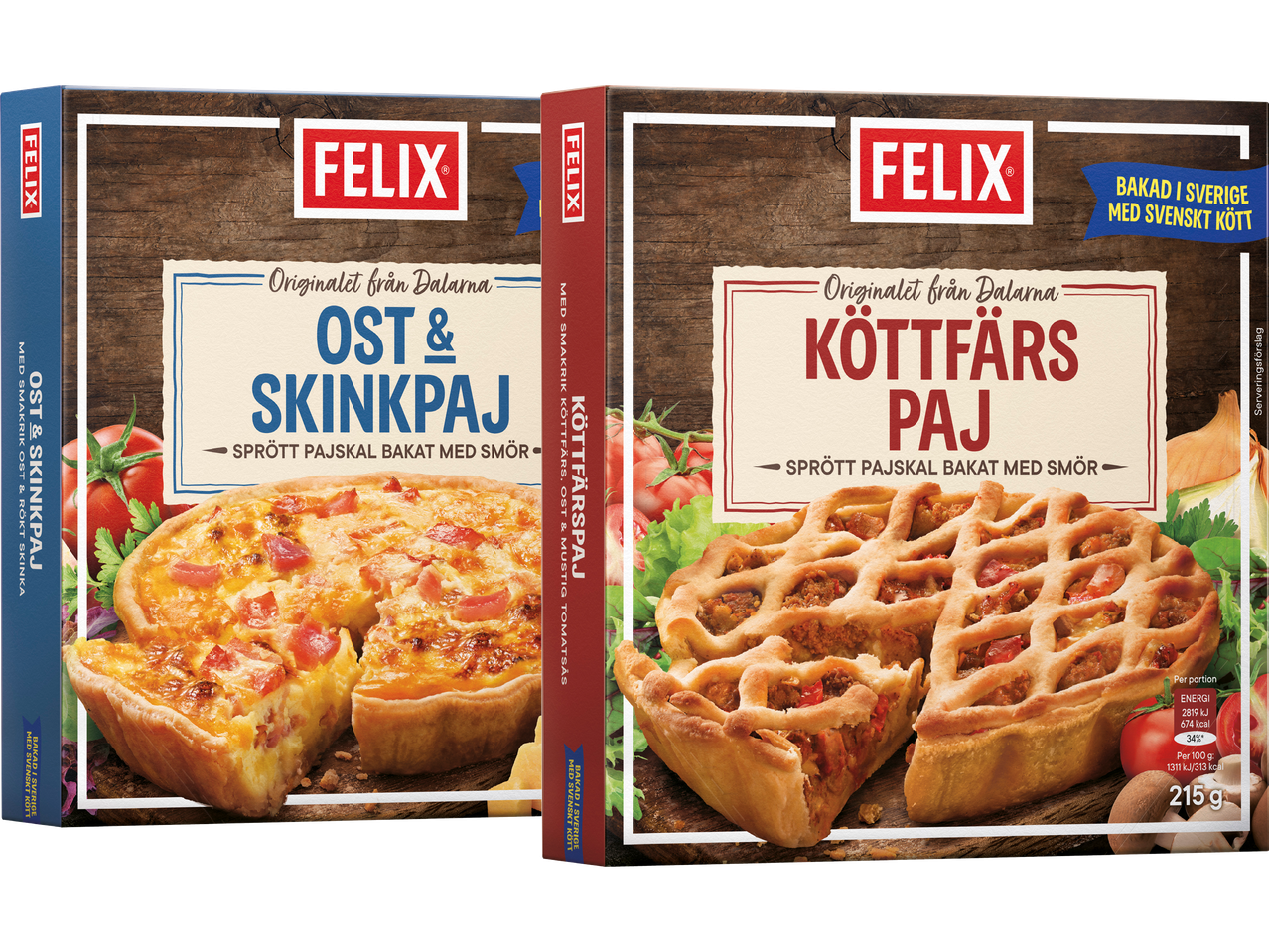 Två Felix pajförpackningar: en ost- och skinkpaj och en köttfärspaj.