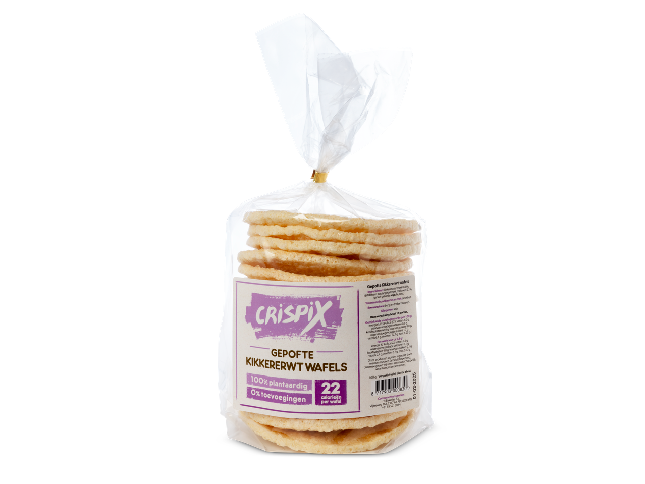 Crispix gepofte kikkererwtenwafels in een doorzichtige plastic verpakking.