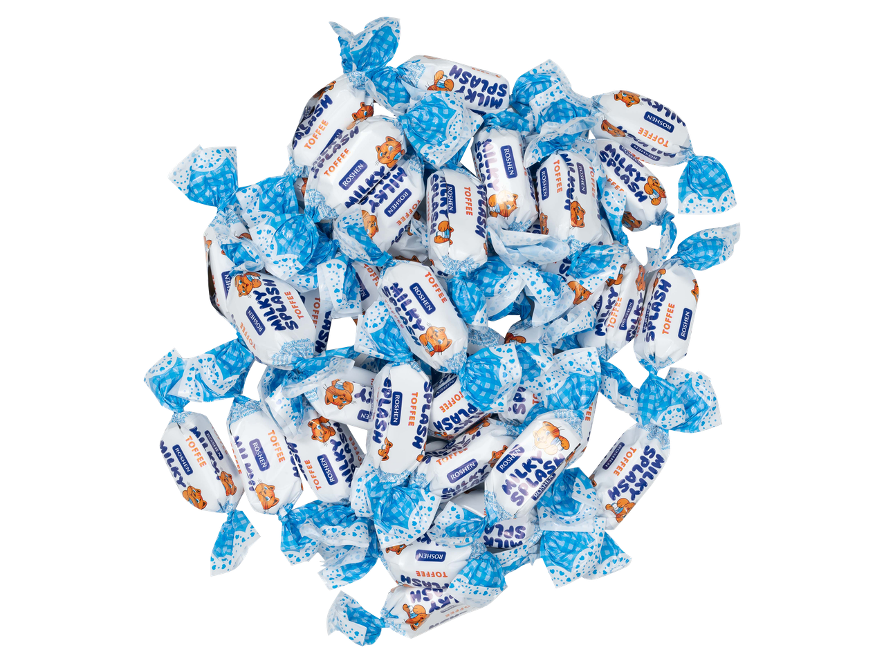 Kék-fehér csomagolású, tejes krémmel töltött toffee cukorkák halmaza.