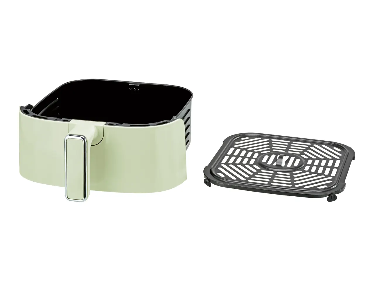 Air fryer basket and grill plate in light green and black.