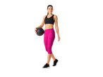 Woman in CRIVIT pink cropped sports leggings and black sports bra holding a medicine ball.