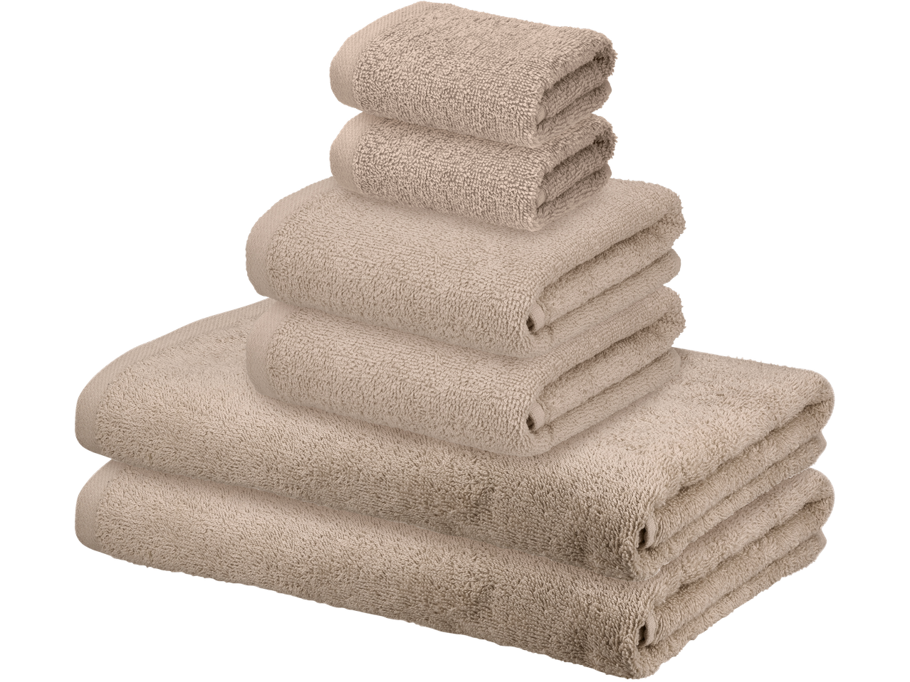 Įvairių dydžių smėlio spalvos rankšluosčių krūva.