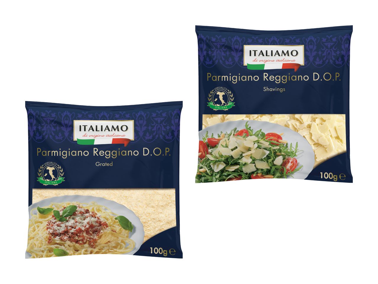 Zwei 100g-Packungen Italamo Parmigiano Reggiano, gerieben und gehobelt.