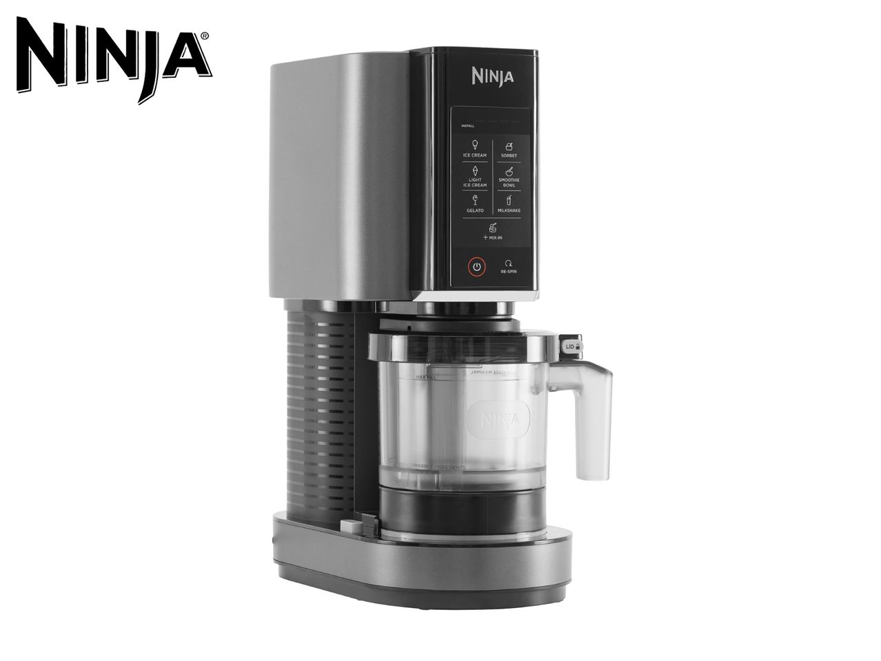 Ice cream maker with a digital display showing options for ice cream, sorbet, gelato, and milkshakes.
