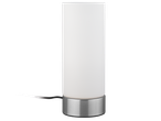 Настолна лампа с цилиндричен бял абажур и метална основа.