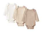 Tre langærmede babybodystockings i hvid, beige og mørkere beige