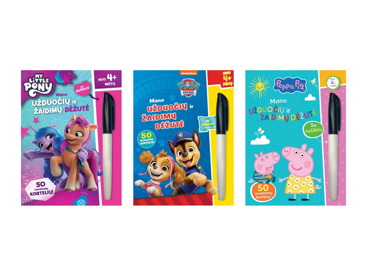 Trys vaikų žaidimų rinkiniai su rašikliais: My Little Pony, Paw Patrol ir Peppa Pig.