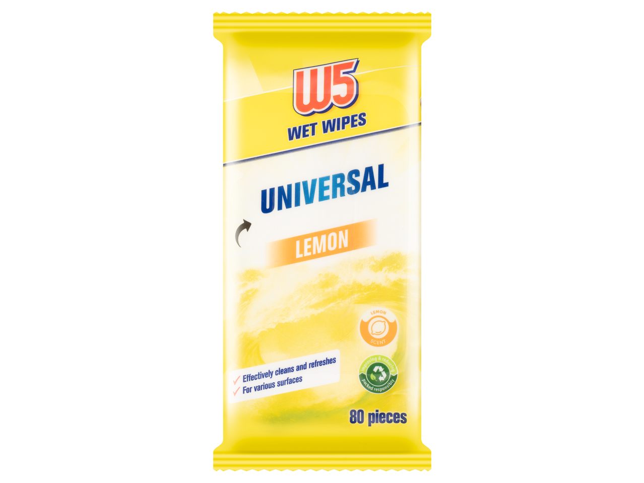 W5 Univerzális citromos nedves törlőkendő, 80 darab, hatékonyan tisztít és frissít különböző felületeket.