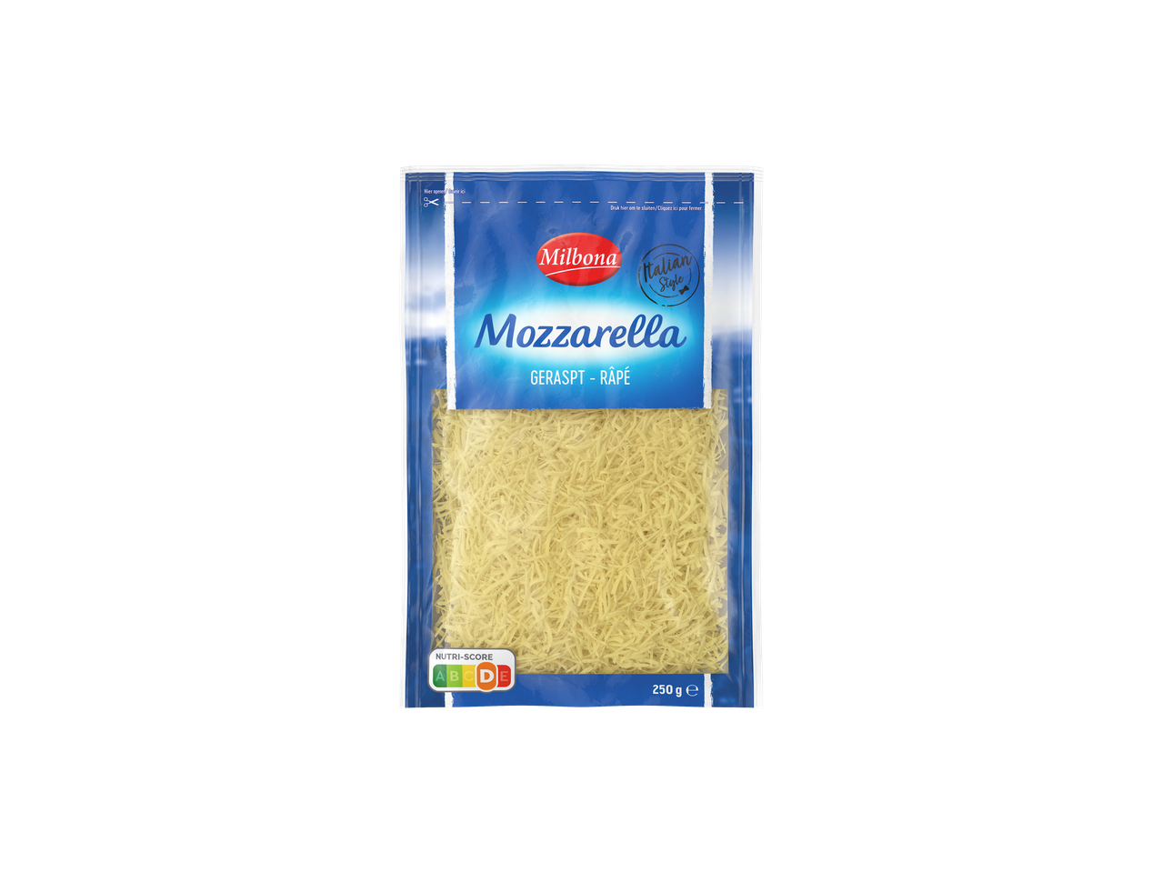 Milbona Mozzarella râpée dans un emballage bleu avec Nutri-Score D.