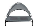 Grey elevated pet bed with a sun canopy, featuring mesh panels on the sleeping surface.