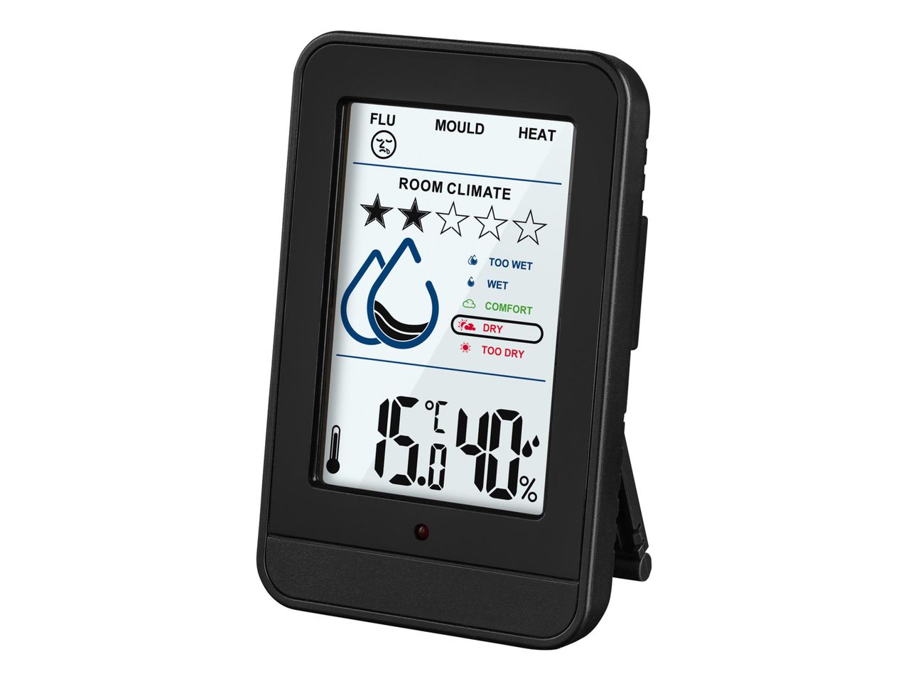 Digitális hőmérő és páratartalom-mérő, amely a szobaklímát mutatja.
