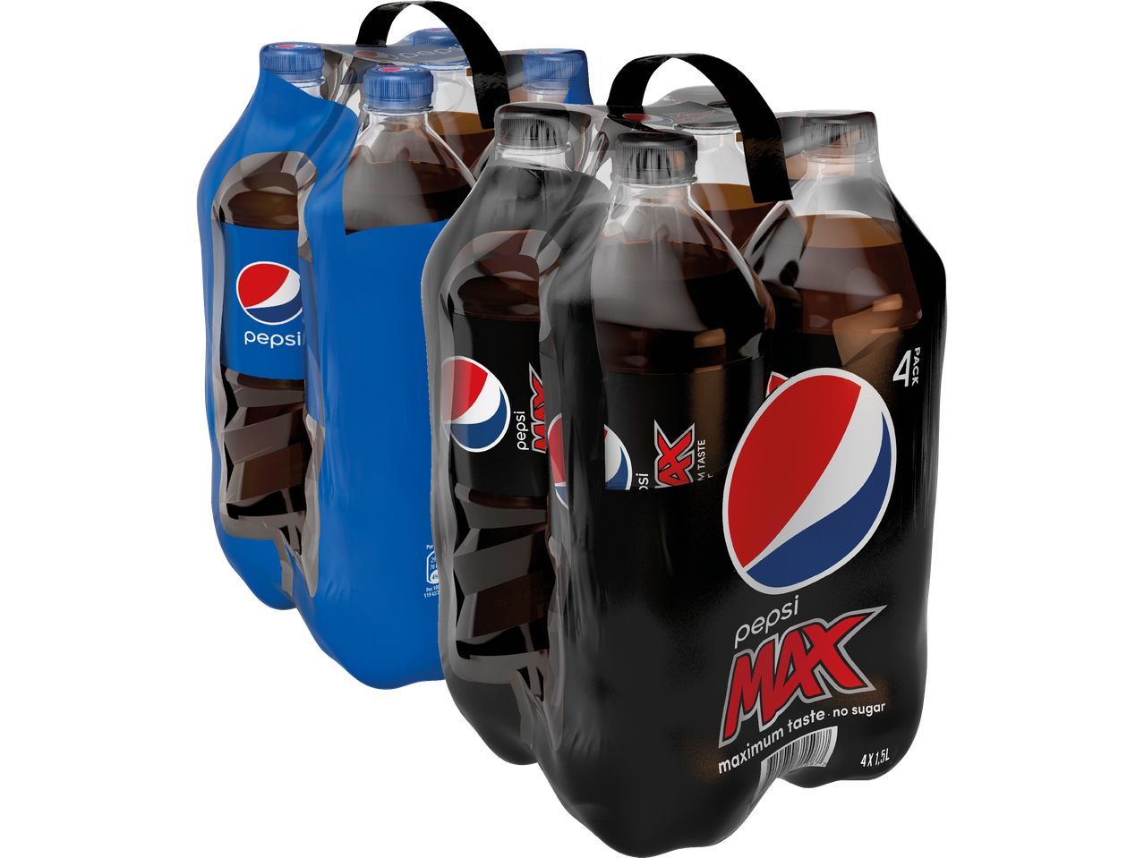 En 4-pack Pepsi och en 4-pack Pepsi Max läskflaskor.