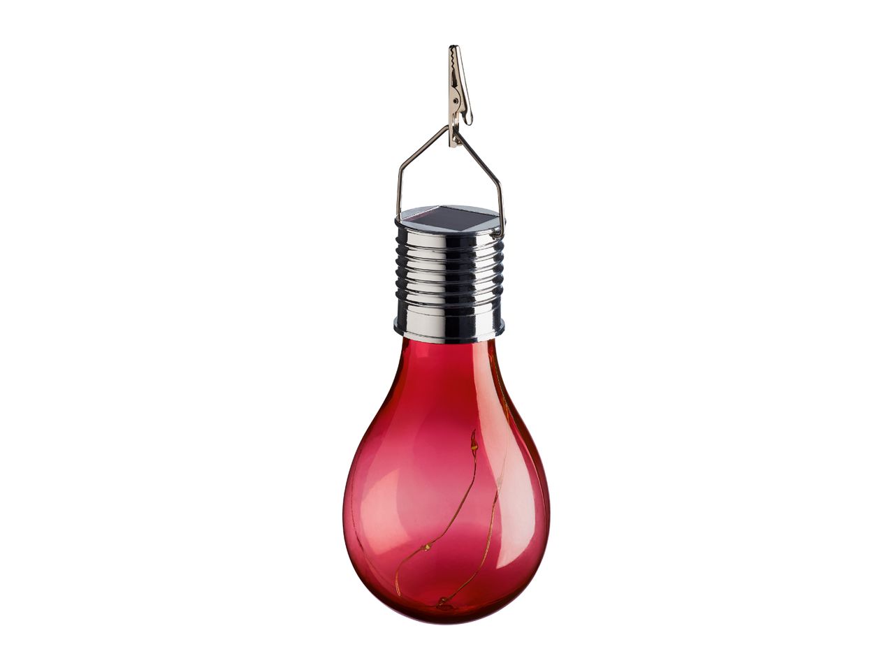 Red solar-powered light bulb with internal fairy lights, hanging from a metal clip.