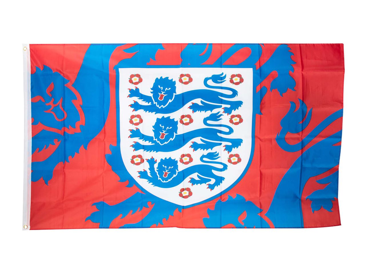 England football flag featuring three blue lions and red roses on a white shield, against a red background with blue lion silhouettes.