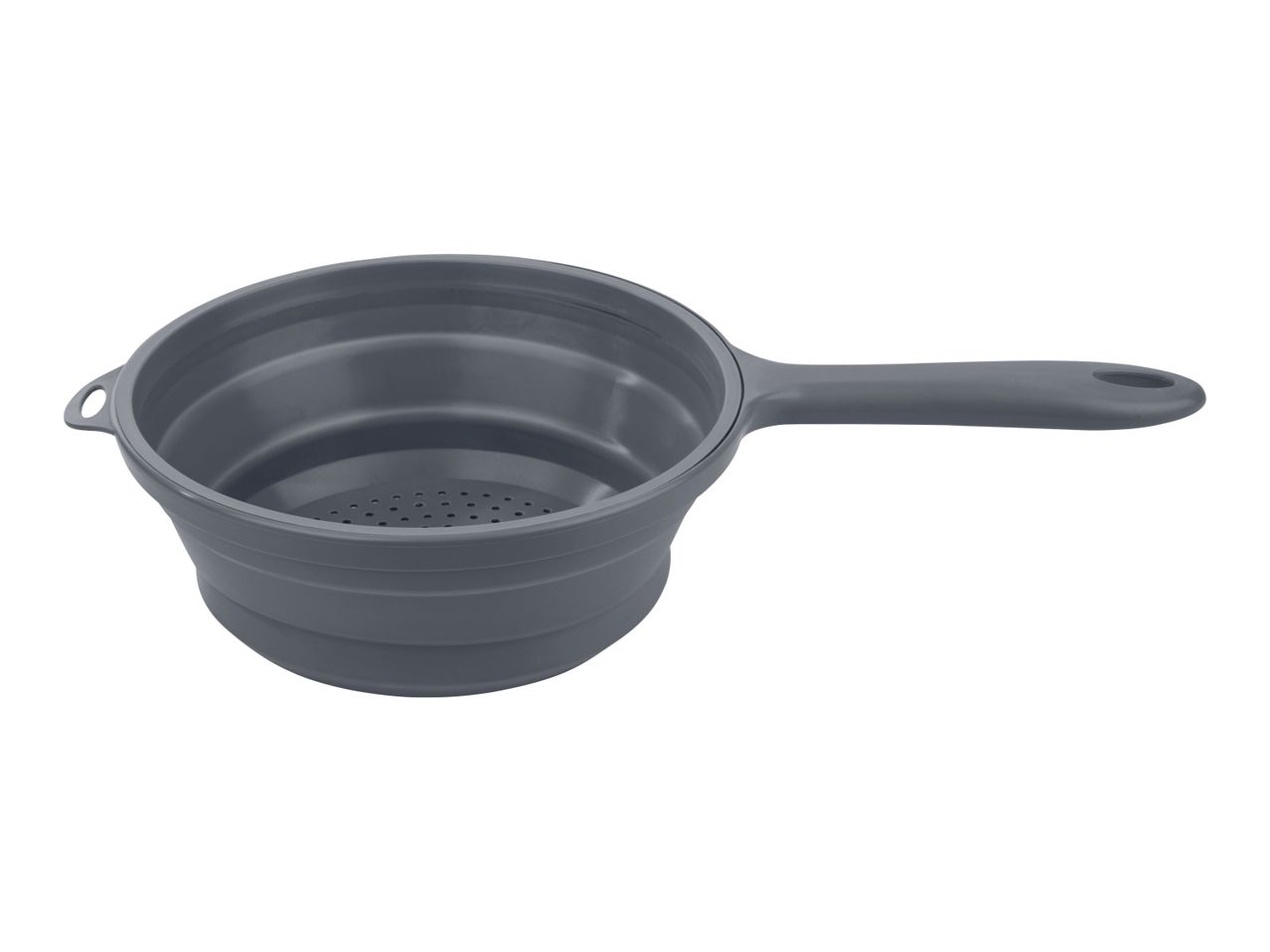 A gray silicone collapsible colander with a handle.