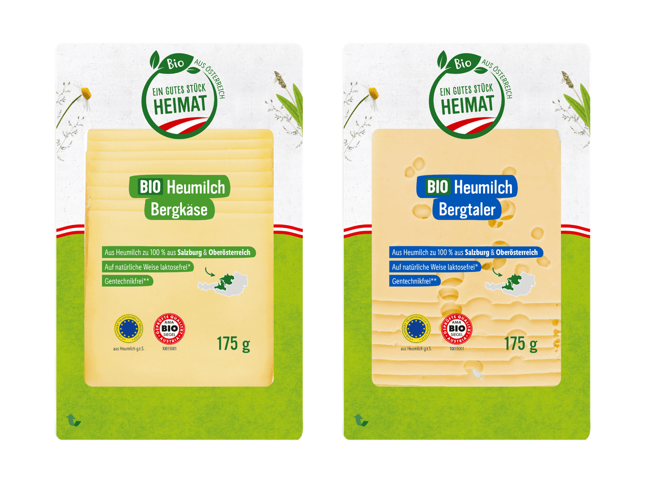 Zwei Packungen Bio-Käse von Bergader, vermutlich Bergkäse.