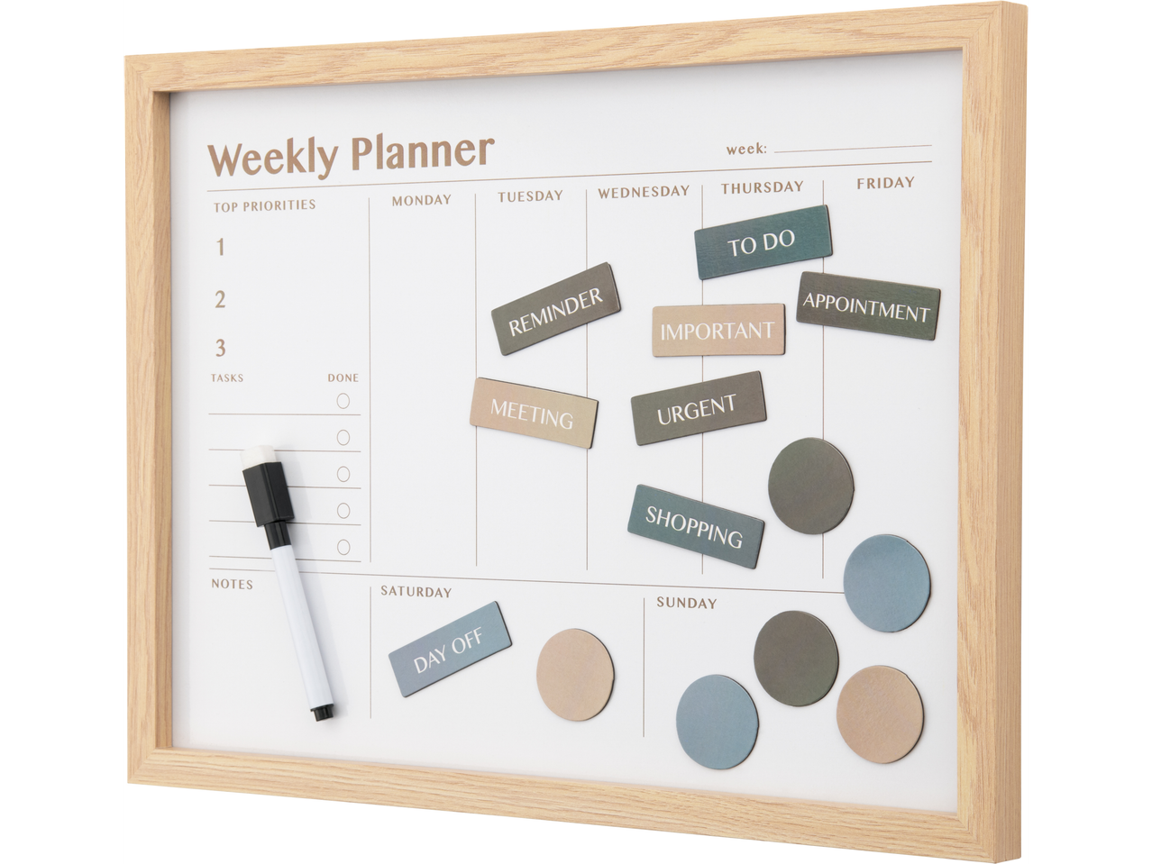 Crelando Magnettafel mit der Aufschrift „Weekly Planner“ und verschiedenen Magneten
