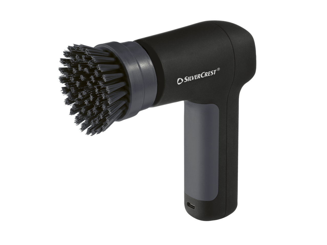 Brosse de nettoyage électrique Silvercrest® avec poils noirs et poignée grise.