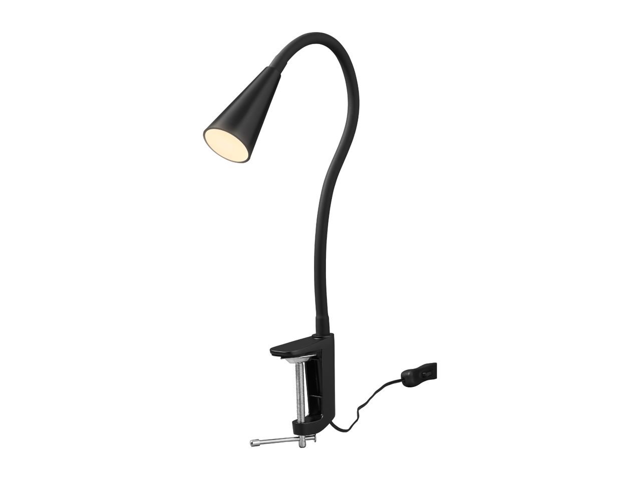Black clamp-on desk lamp with a flexible gooseneck and a conical shade, illuminated.