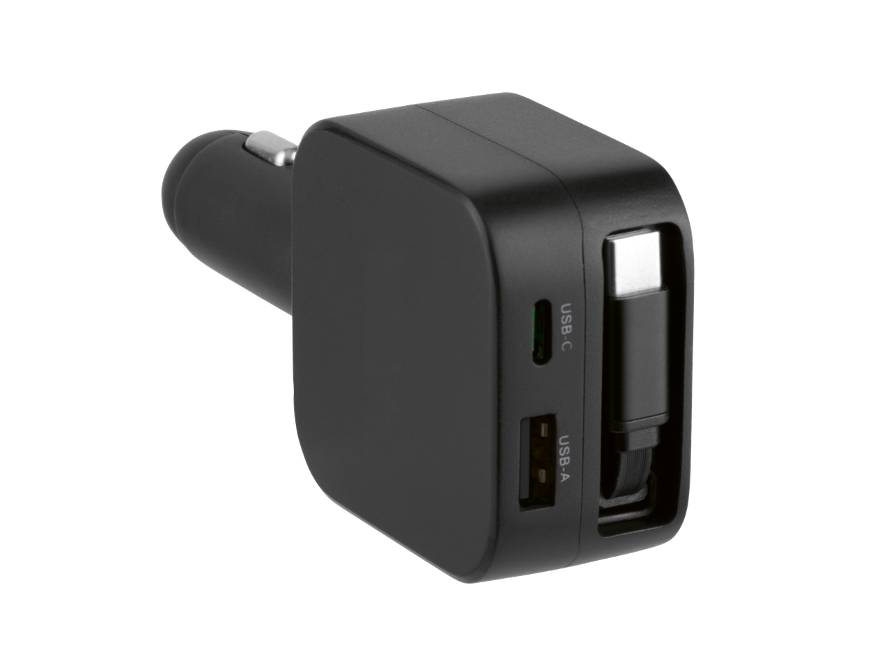 Zwarte autolader met USB-C en USB-A poorten.