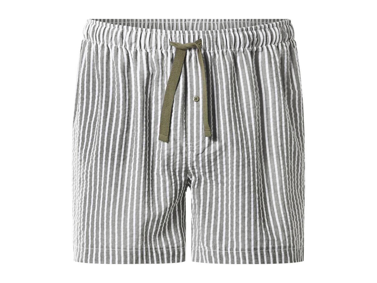 Men's striped shorts with an elasticated waist and olive green drawstring.