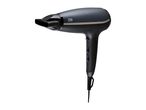 Dark grey hair dryer with a concentrator nozzle and control buttons on the handle.