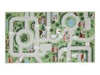 Playmat with a town map featuring roads, houses, a school, and a pond with ducks.