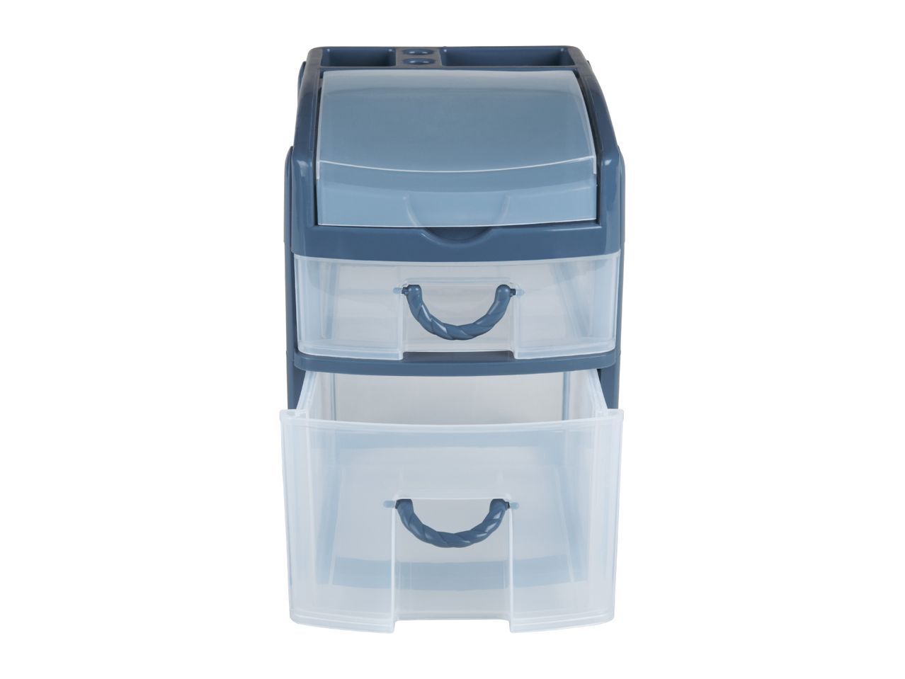 A two-drawer plastic storage unit with a clear bottom drawer and a blue top drawer.