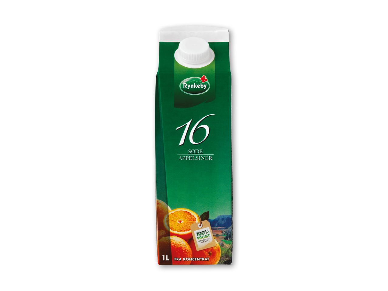Grøn karton med appelsinjuice, mærket '16 søde appelsiner' og '100% frugt'.
