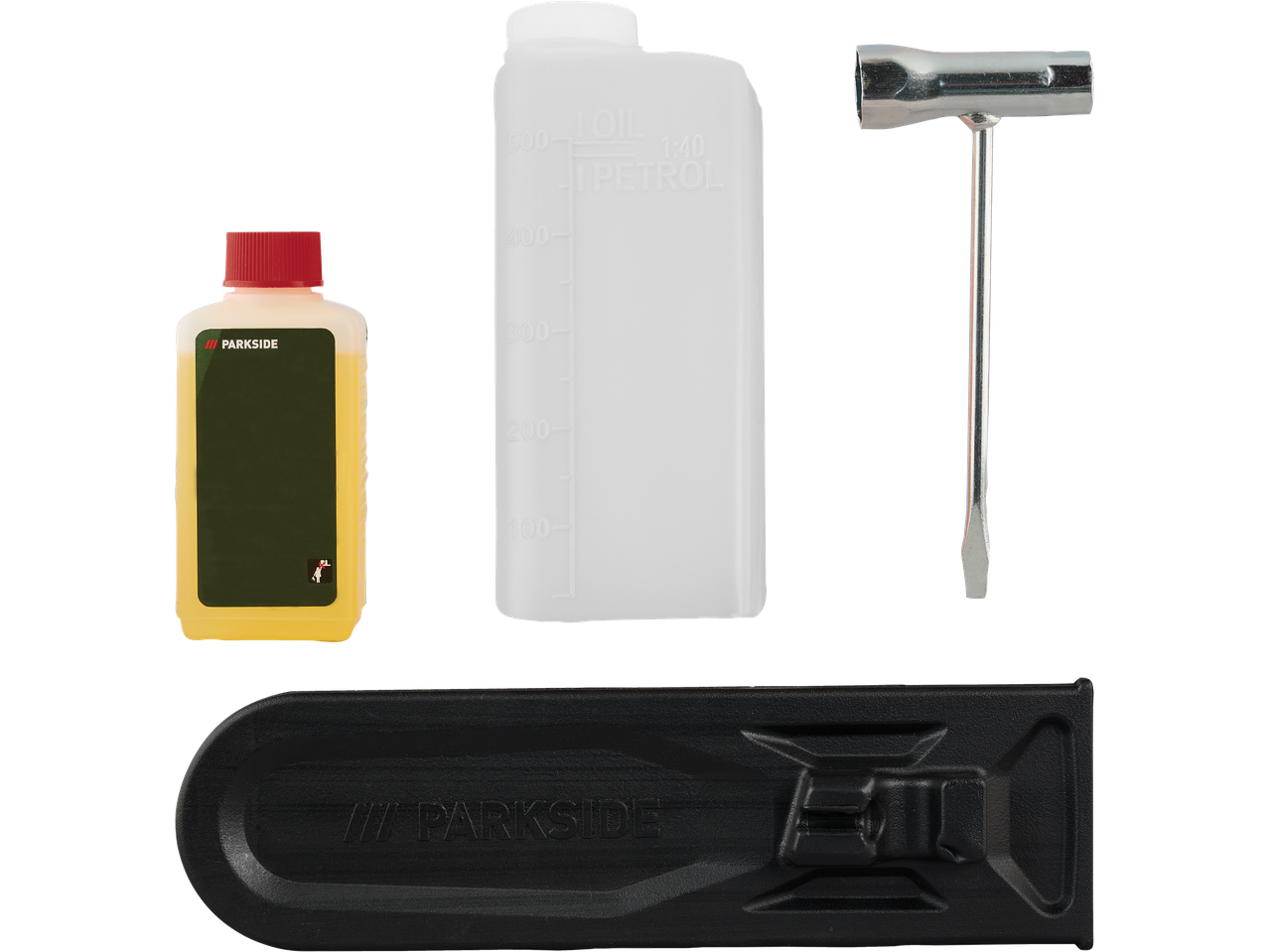 Parkside chainsaw accessories: oil, fuel container, tools, and a chain cover.