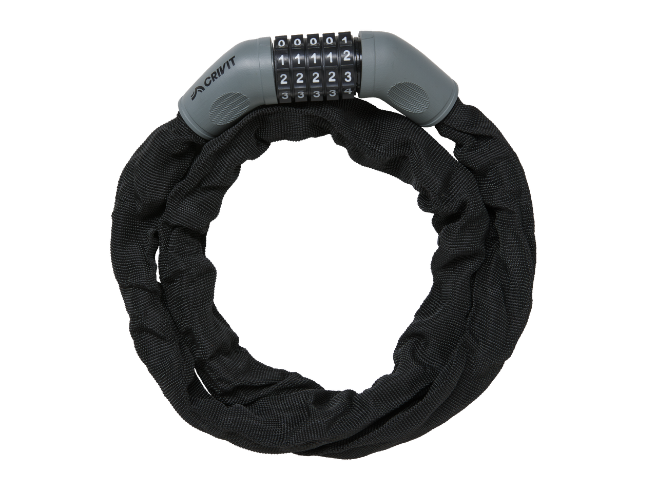 Черна верижна ключалка с комбинация от цифри за велосипеди.