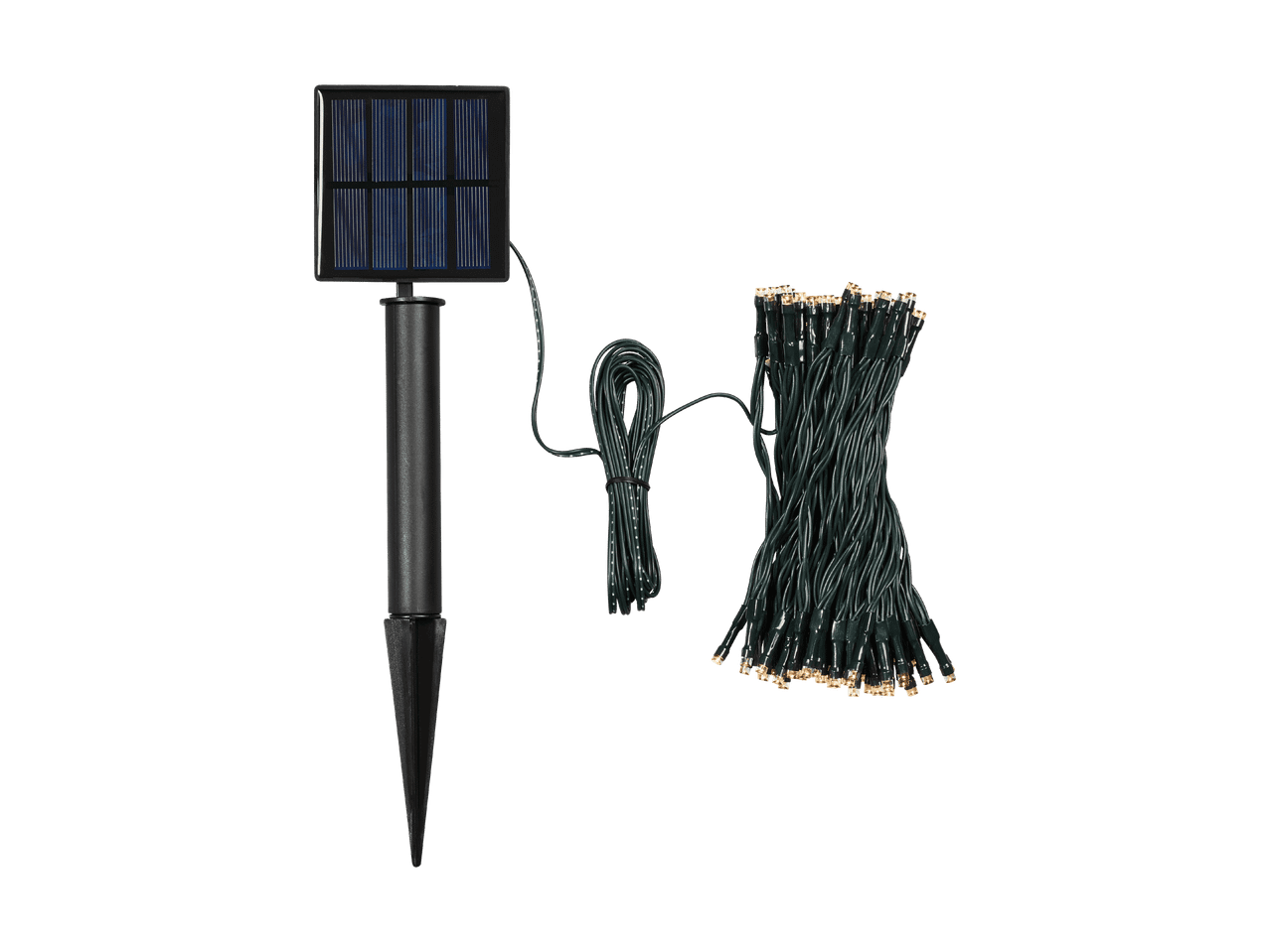 Solar-Lichterkette mit Solarpanel und Erdspieß.