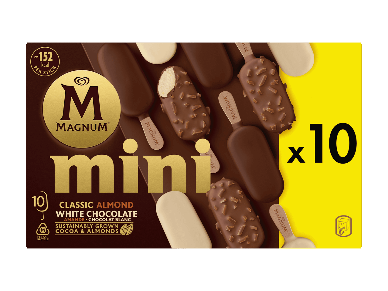 Packung mit 10 Magnum Mini Classic Mandel und weiße Schokolade Eis am Stiel.
