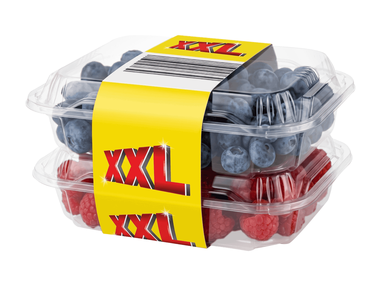Deux barquettes de baies, myrtilles et framboises, avec une étiquette jaune 'XXL' et un code-barres.