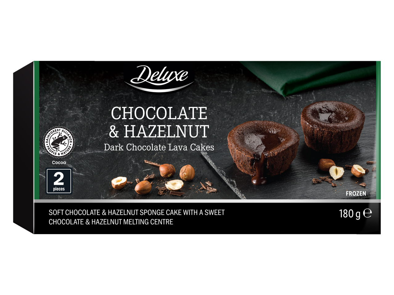 Deluxe šokolādes un lazdu riekstu lava kūkas (saldsaldētas).