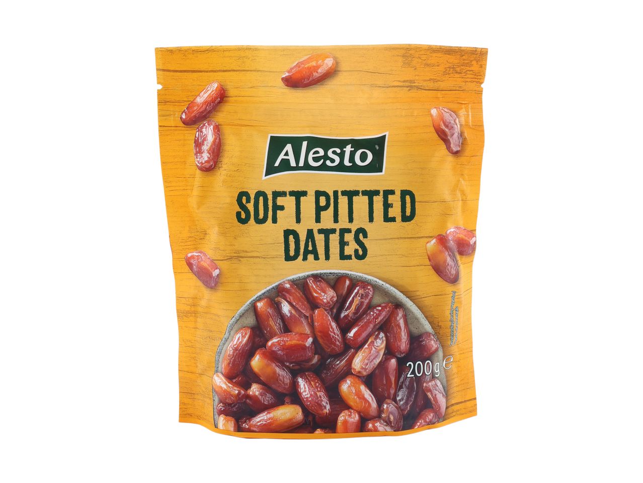 A yellow pouch of soft pitted dates with a bowl of dates pictured on the front, 200g.