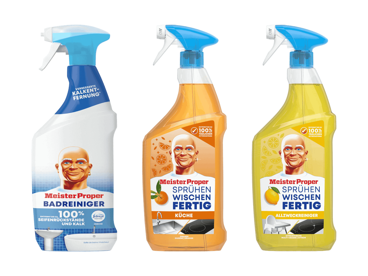 Drei Sprühreiniger: Badreiniger, Küchenreiniger mit Orangenduft und Allzweckreiniger mit Zitronenduft.