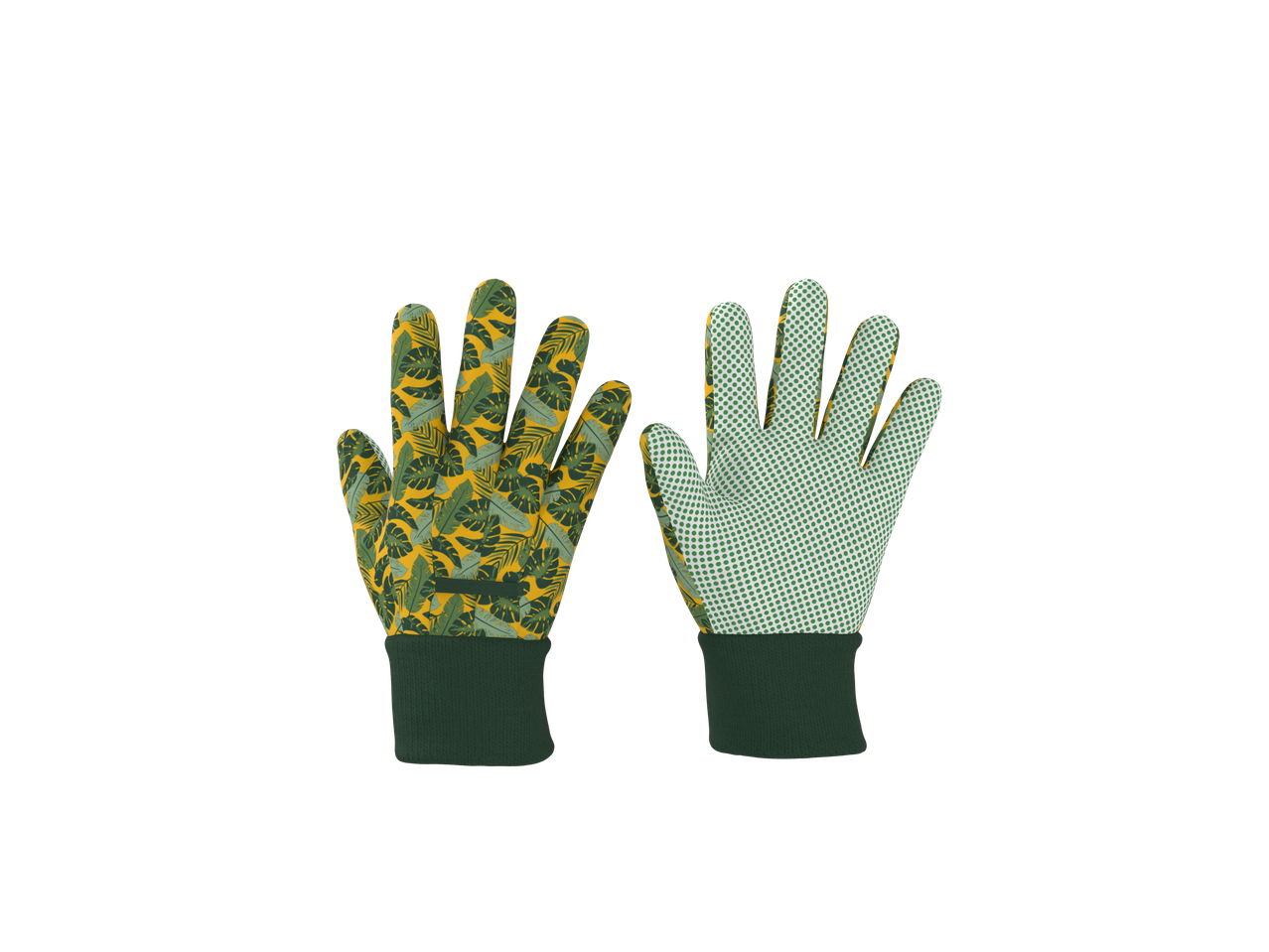 Divi dārza cimdi, viens ar zaļu lapu rakstu uz dzeltena fona, otrs gaiši zaļš ar tumši zaļiem punktiem.