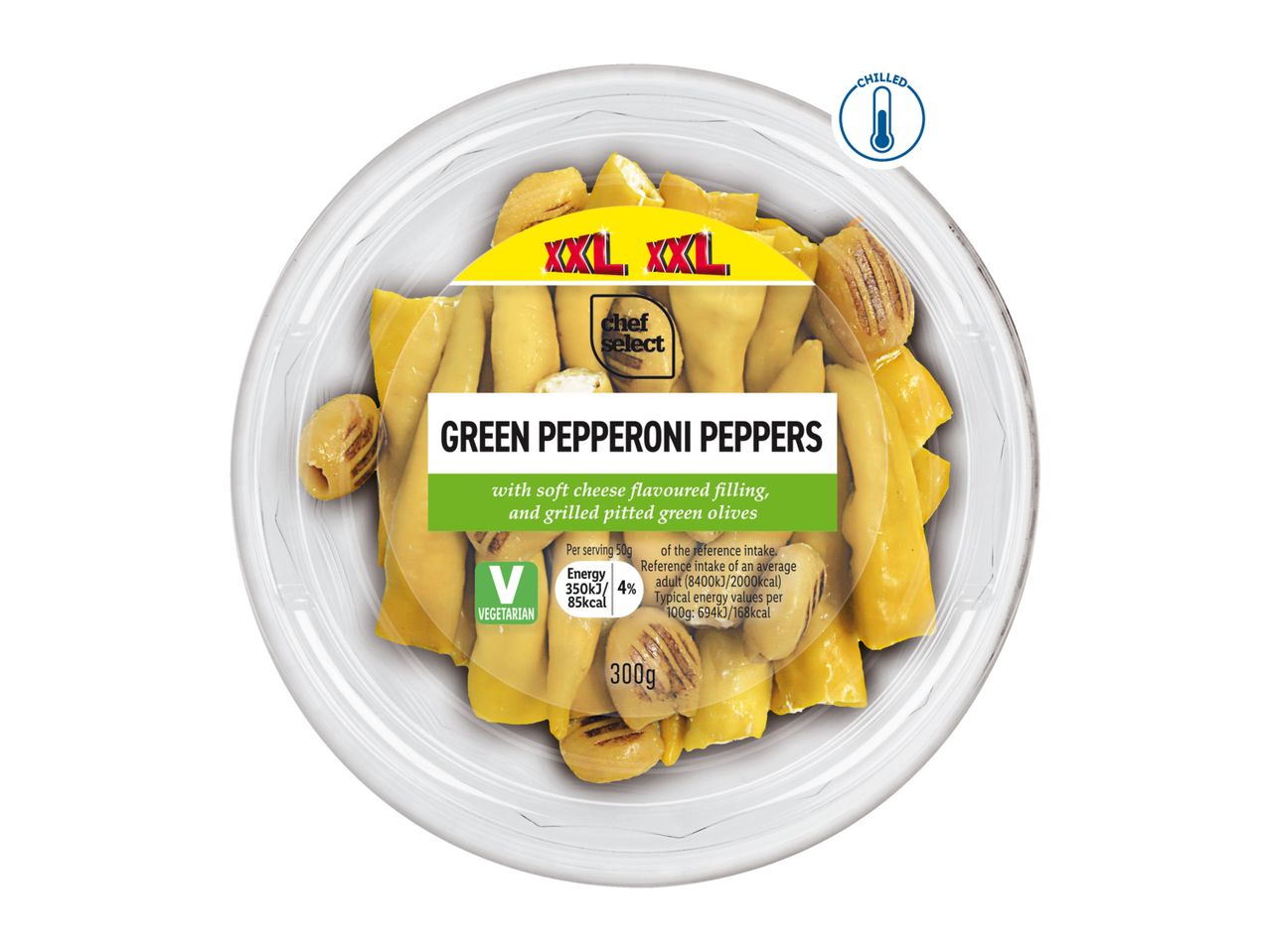 Chef Select XXL Green Pepperoni Peppers with soft cheese filling and grilled olives.