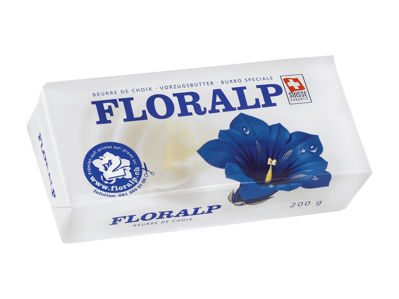 Packung Butter mit blauer Blume und der Aufschrift „BEURRE DE CHOIX VORZUGSBUTTER BURRO SPECIALE“