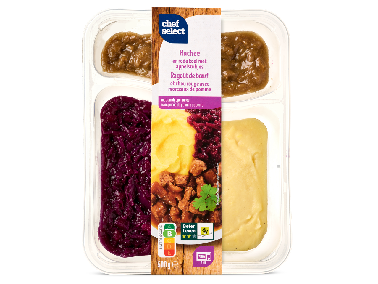 Chef Select Hachee met rode kool en appelstukjes, en aardappelpuree.