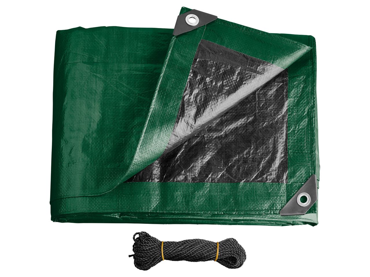 Telo multiuso verde con un angolo ripiegato che mostra il lato nero e una corda nera arrotolata.