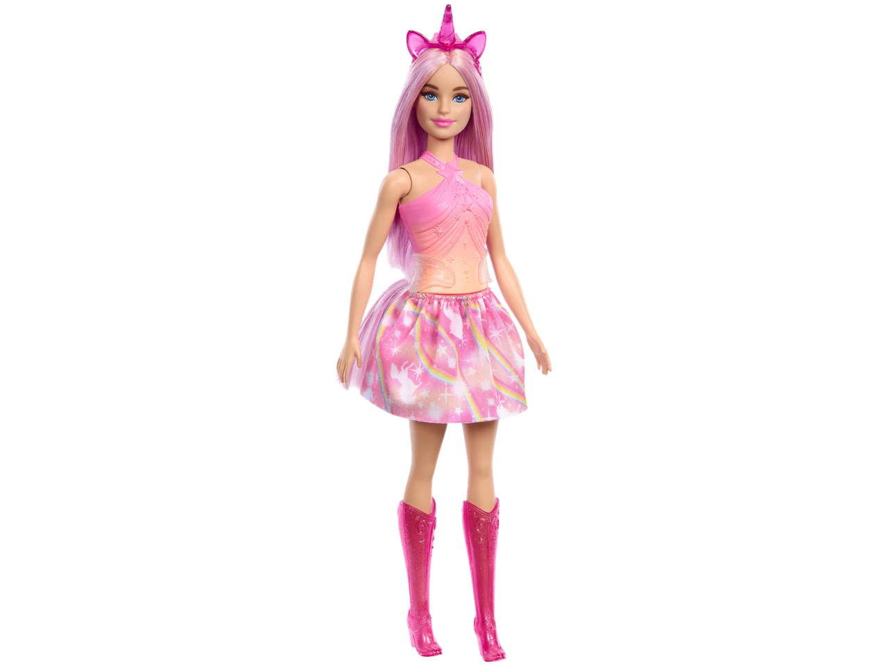 Bārbija rozā vienradža tēmas kleitā un vienradža raga galvassegā.