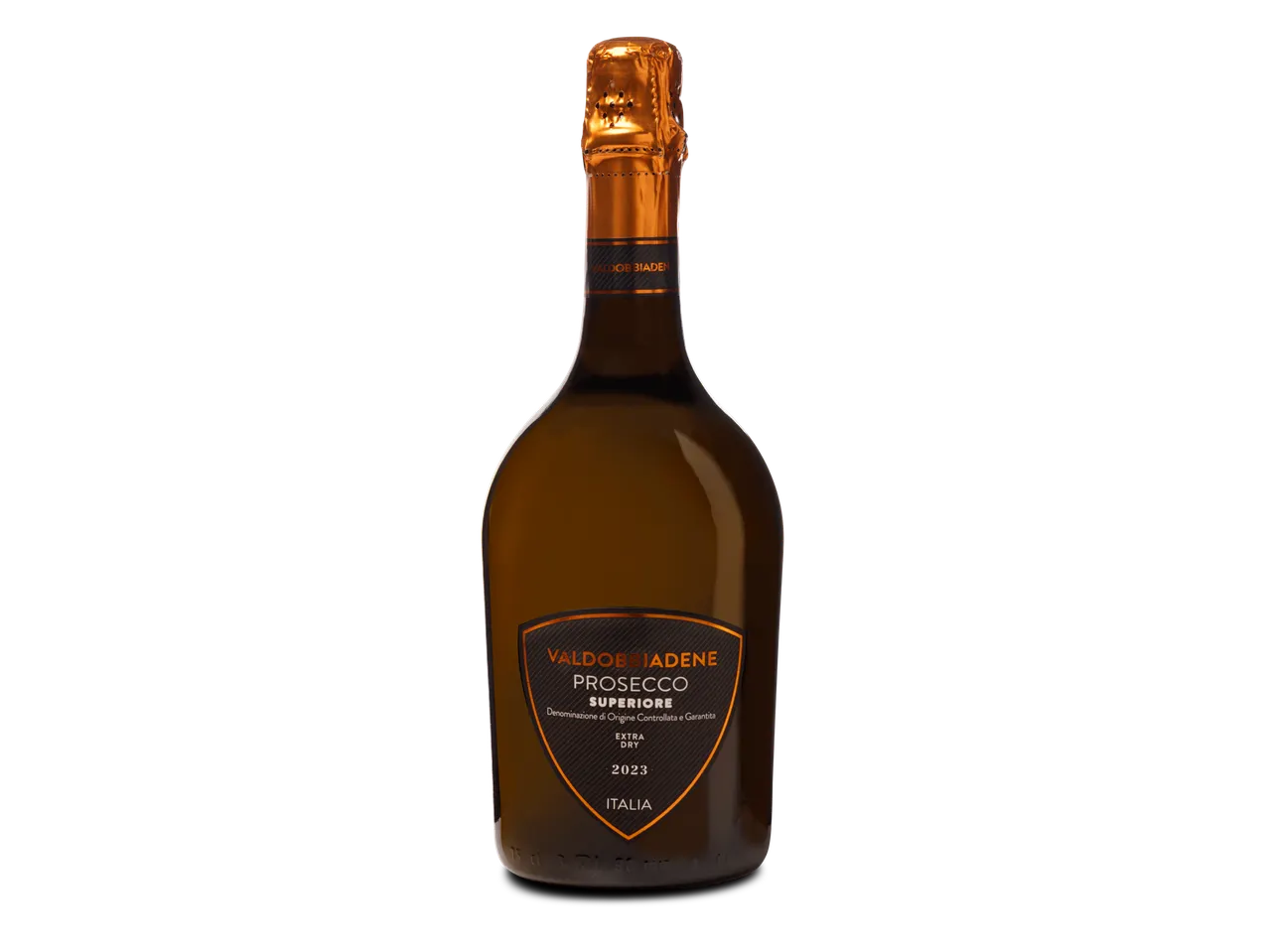 Een fles Valdobbiadene Prosecco Superiore Extra Dry 2023.