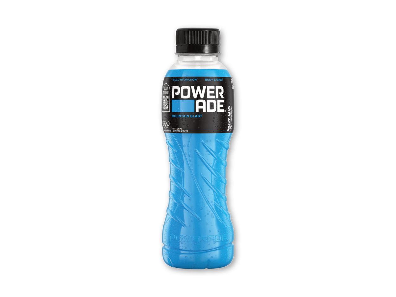 En flaske Powerade blå sportsdrik.